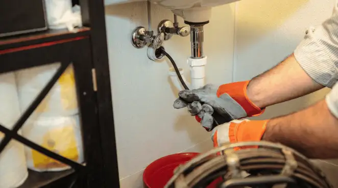 Drain cleaning technician using a motorized plumbing snake to clear a clogged sink pipe in Fresno, CA