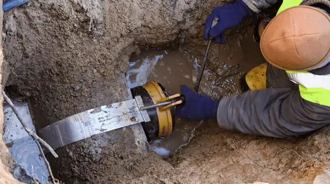 Technician performing underground drainage repair for foundation protection and gutter systems in Fresno, CA
